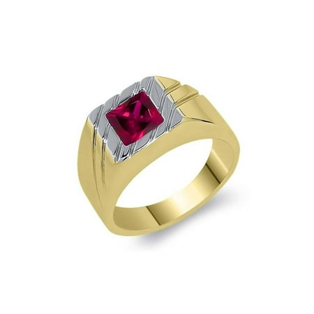 - 1.71 Ct Princess Red Created Ruby 18K Yellow Gold Plated Silver Men's Ring