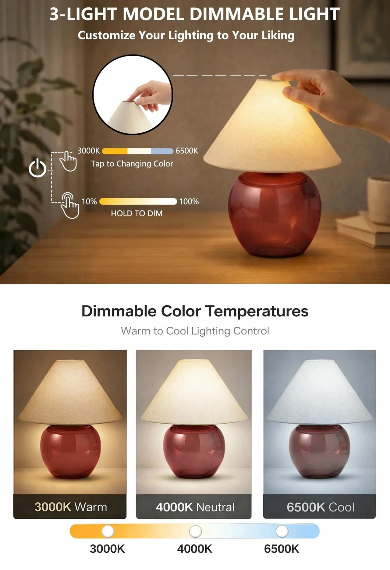 Better Homes & Gardens Crimson Rechargeable LED Portable Table Lamp with Dimmable Touch Sensor