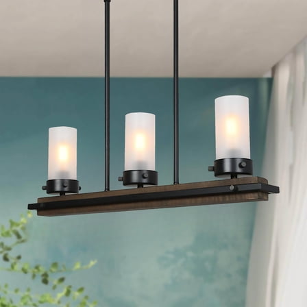 LNC Farmhouse Wood & Black 3-Light Linear Chandelier with Frosted Glass, Adjustable