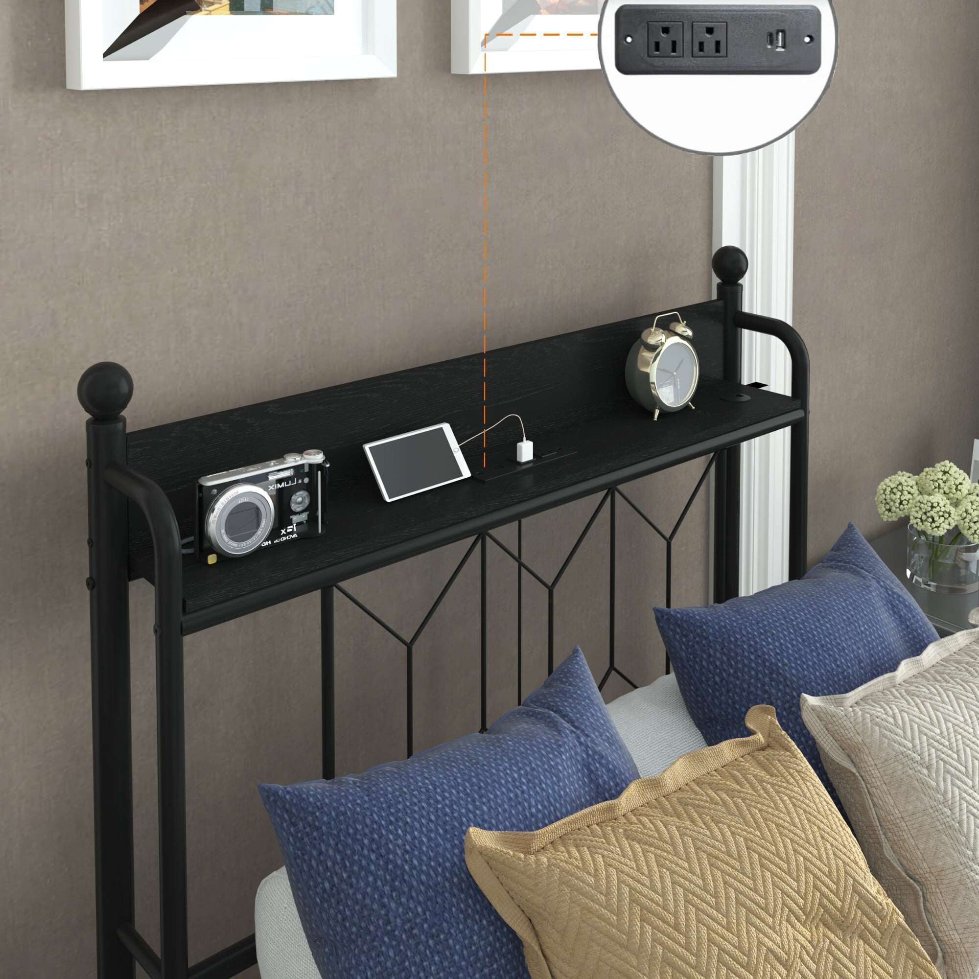 AENKYO Twin Bed Frame with LED Lights Headboard, Charging Station, Sturdy Metal Platform Bed with Shelf, Black