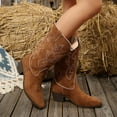 thumbnail image 4 of Retro Wide Calf Cowboy Boots for Women Roman Embroidered Suede Chunky Mid Heel Cowgirl Tall Boots Brown Size 7.5, 4 of 7