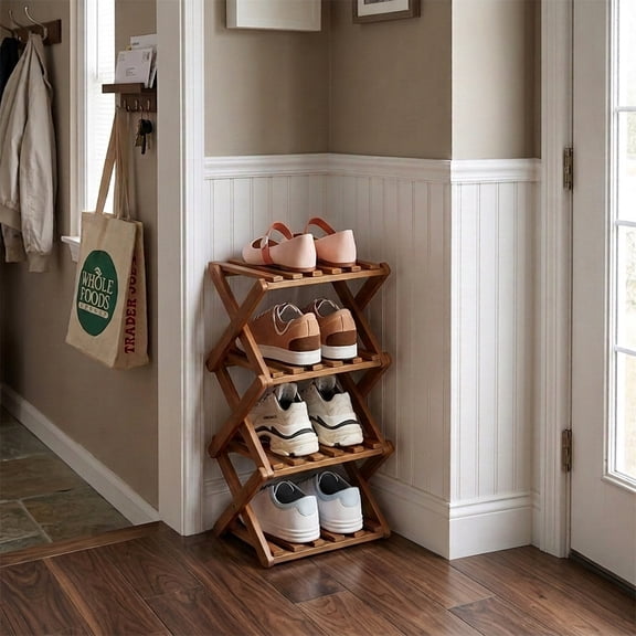 SHIBAILI 4-Tier Bamboo Folding Shoe Rack - No Assembly, Space-Saving(Tawny)