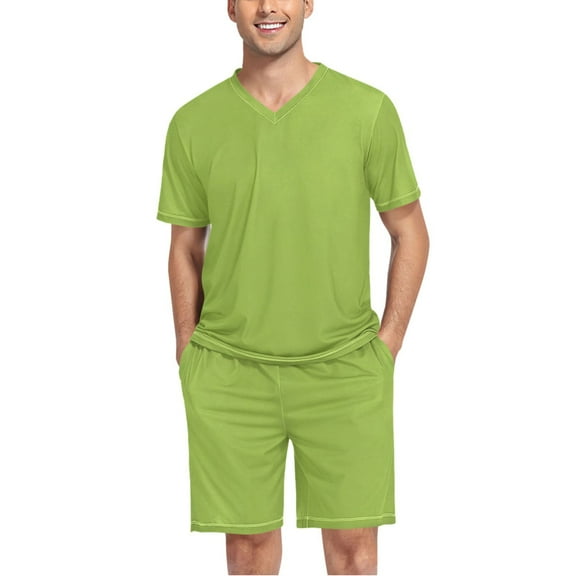 joogoo Men's Pajama Set Green V-Neck Pj Shorts Set 2 Piece Loungewear Sleepwear L