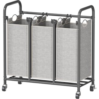 FBUKE Rolling Laundry Basket With Wheels – 160L Double Sorter Hamper With Removable Liner Bags, Beige