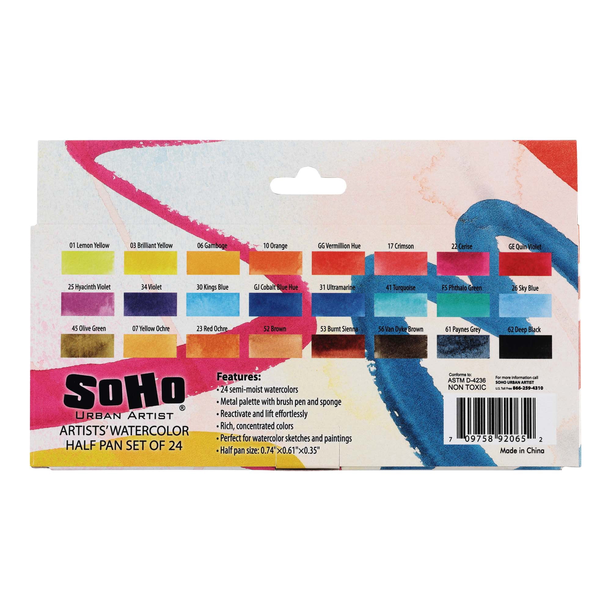 SoHo Urban Artist Semi-Moist Watercolor Set - Professional Watercolor Paint Set with 24 Half Pans, Brush Pen and Sponge - Compact and Portable Watercolor Kit - Easy to Lift Colors