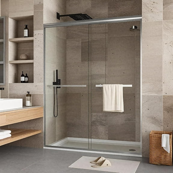 Kaisneo Silver Aluminum 60 in x 70 in, 0.32 in Thick Tempered Sliding Shower Door