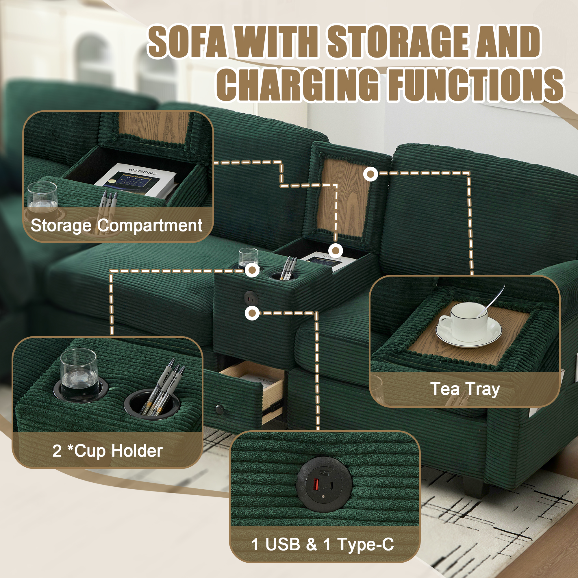 MOONMISS 105" L-Shaped Corduroy Modular Sectional Sofa with 1 Ottoman and Multi Functional Console, 3-Seater Upholstered Couch with USB and 2 Cup Holder, Easy Assembly, for Living Room,Emerald
