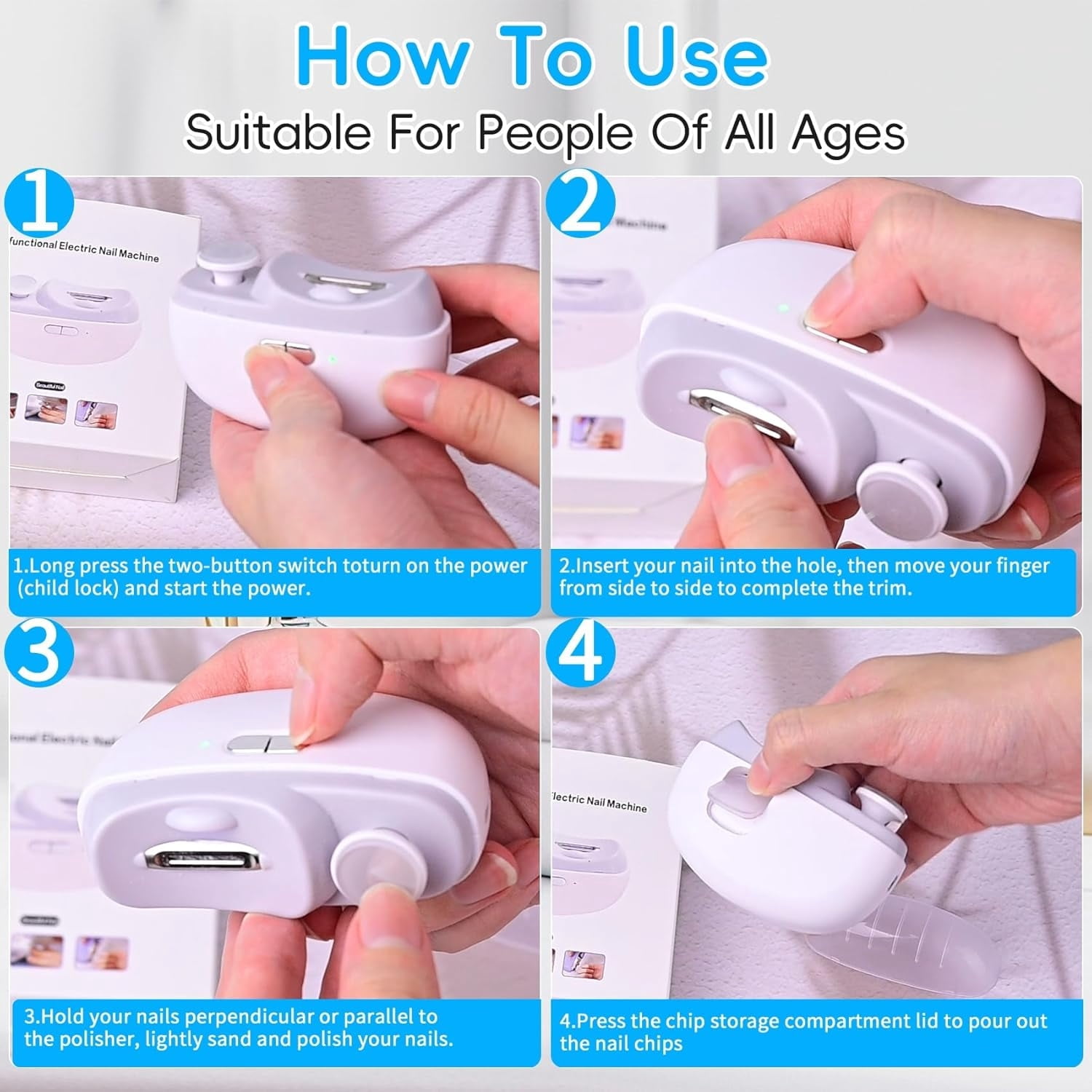 Electric Nail Clipper Upgrade 3 in 1-with Polishing,LED Lights,Nail Chip Storage Electric Nail Trimmer,with USB Charging, 2 Speed Levels for Babies, Seniors and Adults (White)