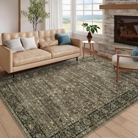 Washable Living Room Area Rug, 10x13 Rugs for Bedroom Extra Large Vintage Distressed Floral Non Slip Low Pile Stain Resistant Farmhouse Carpet for Dining Room Nursery Playroom, Taupe