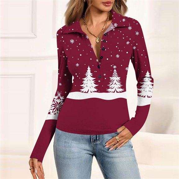 Women's Fashion Casual Vintage Christmas Printed V-Neck Long Sleeve Button-Down Polo Shirt Top, Holiday Blouse, Collared T-Shirt,Hot Pink,L