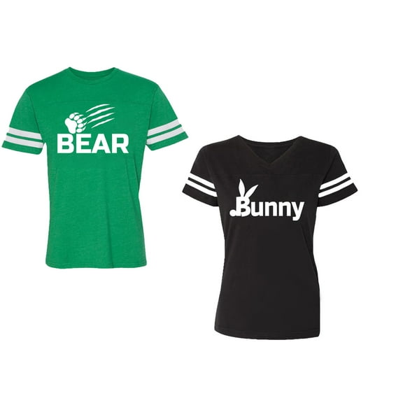 Bear Bunny Unisex Couple Matching Cotton Jersey style T-Shirt Contrasting stripes on sleeves (Men Green / Women Black) (Men S / Women S)
