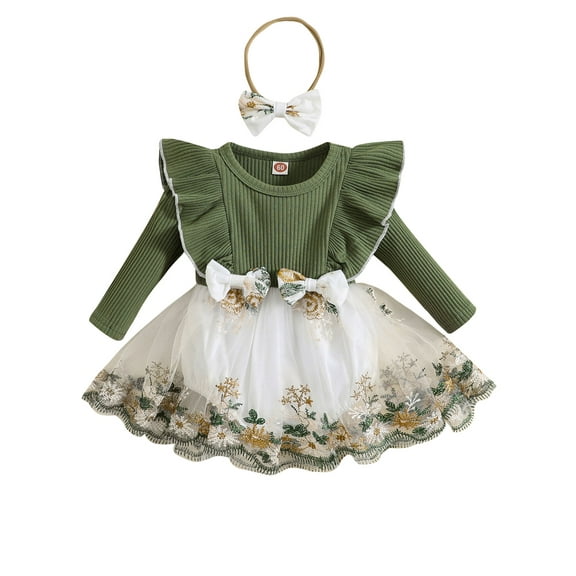 Bagilaanoe Newborn Baby Girl Fall Romper Dress Embroidery Long Sleeve A-line Princess Dresses Headband 3M 6M 12M 18M 24M Infant Patchwork Tulle Skirt