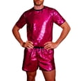 thumbnail image 6 of Men's Reversible Sequin Two Piece Short Sleeve Shirt Shorts Outfit Casual Parties Special Events With Sparkling Design Hot Pink S, 6 of 7