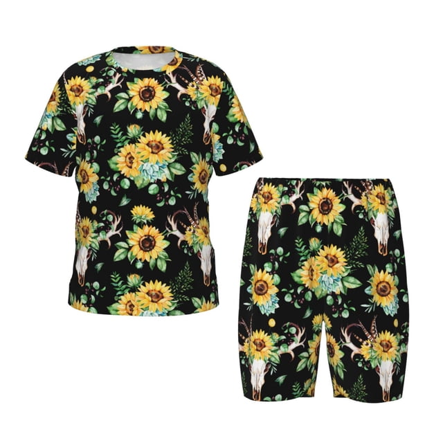 Balery Sunflower Skull Boho Conjunto de Pijama Infantil de Manga Corta con Estampado – Ropa de Dormir de Algodón Suave-XX-Large