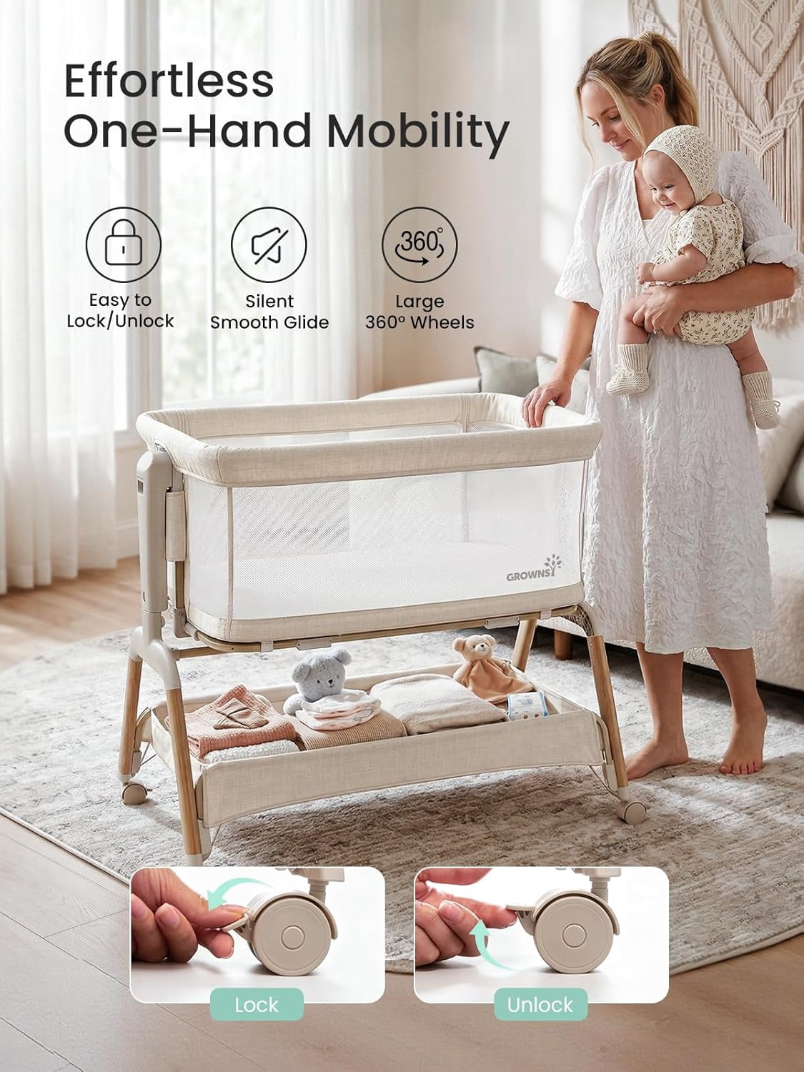 GROWNSY Baby Bassinet Bedside Sleeper with Gentle Rocking Mode, 6 Adjustable Heights, Full Breathable Mesh, Convertible to Portable Crib, Bassinets with Mattress & Wheels, Beige