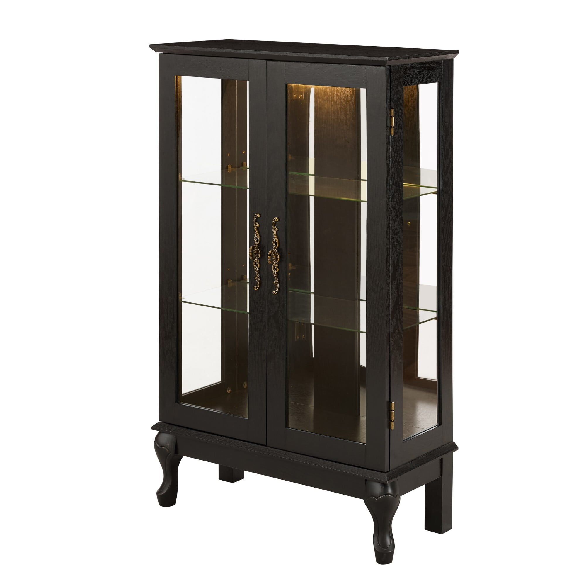 AENKYO Retro Glass Curio Cabinet with Light Bulb & Adjustable Shelves, Small Vintage Home Decor Display Case, Black