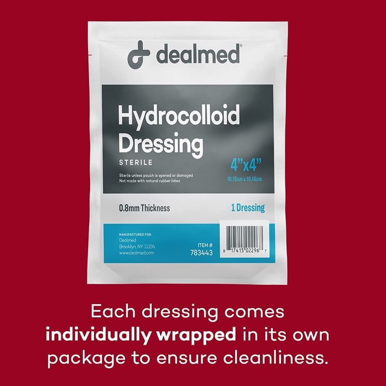 Dealmed 4" x 4" Hydrocolloid Dressing, Standard Thickness | Sterile  Individually Packed Dressings | Provide Moist Wound Healing Environment  (Standard, ...