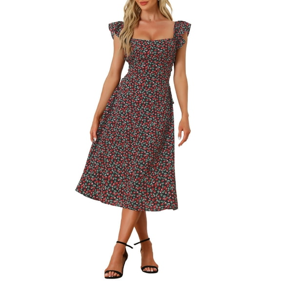 INSPIRE CHIC Women's Cherry Print Floral Dress Lace-up Square Neck Ruffle Sleeveless Midi Dresses XS Black