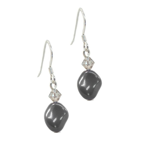 Curved Dark Gray Crystal Pearl Earrings with Bicone Crystals Sterling Silver