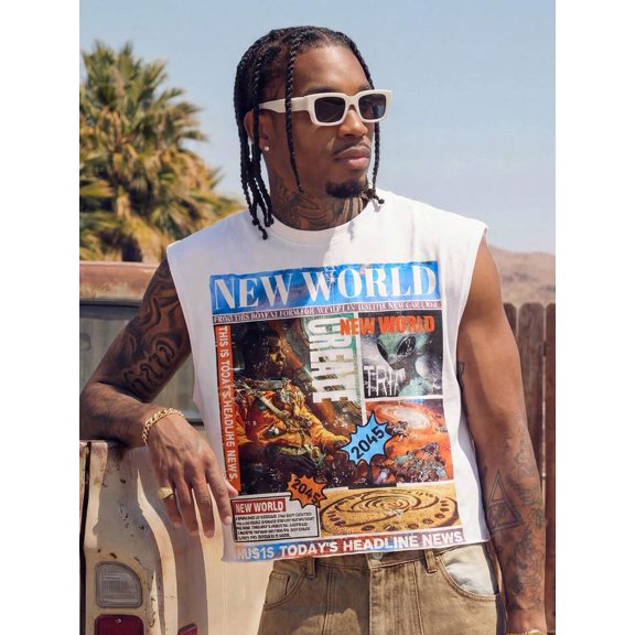 Mens White Streetwear Loose Boxer Muscle Tank Top With Graphic Newspaper Print Summer Casual