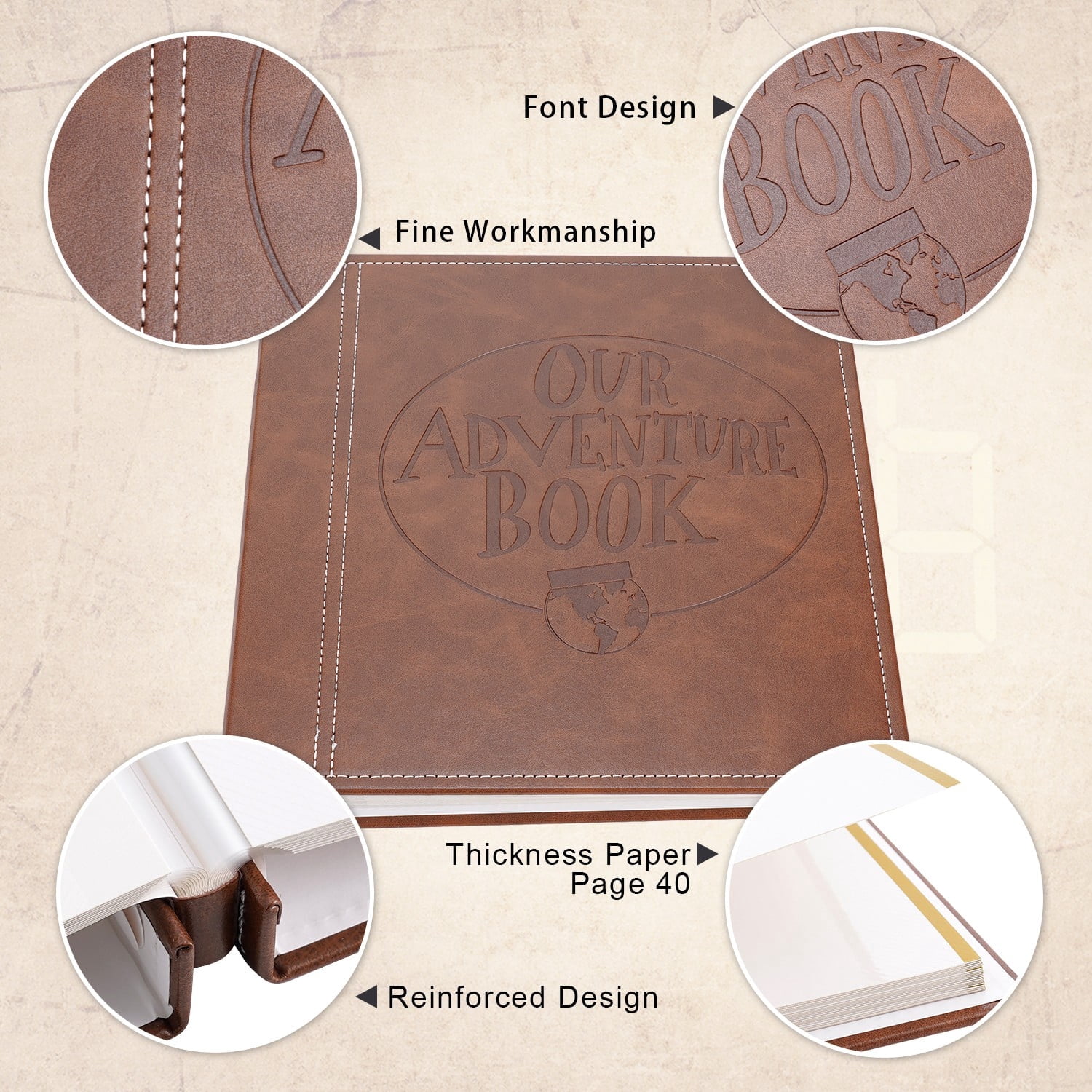 TJT Photo Album for 3x5 4x6 5x7 8x10 Pictures, 40 Pages Leather Large Self Adhesive Pictures Album Birthday Christmas Wedding Anniversary, Brown