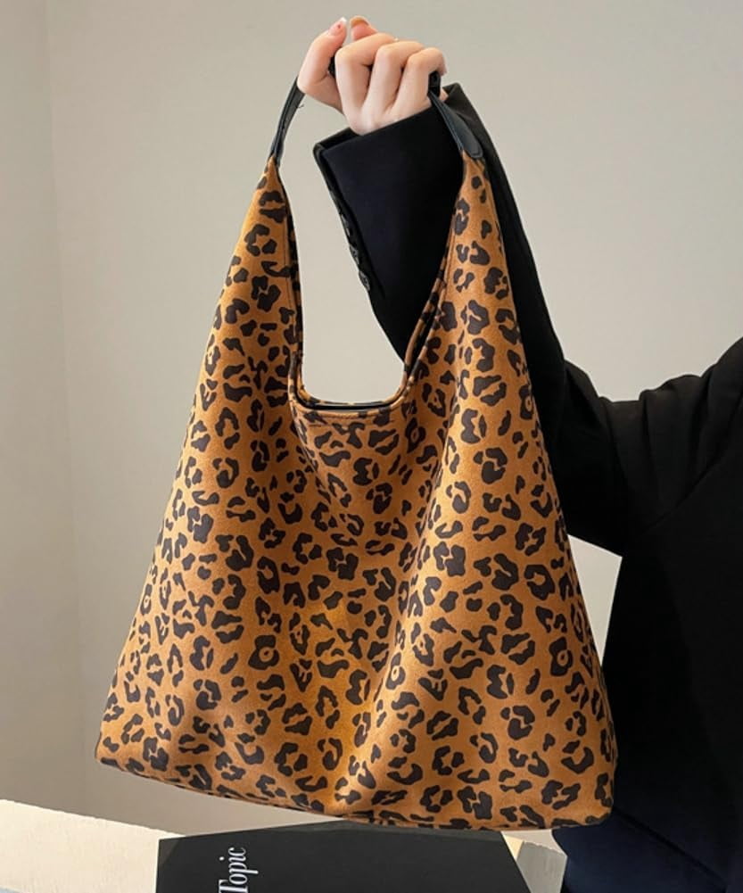 Zhengup Vintage Suede Tote Bag for Women Large Soft Shoulder Purse Leopard Print Handbag Casual Work Top Handle Satchel 2pcs