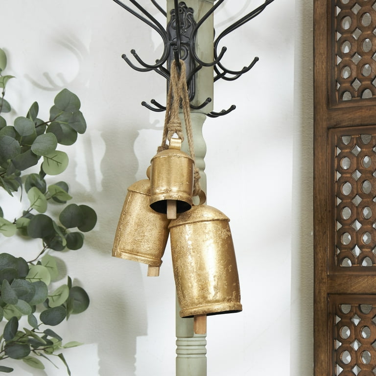 DecMode Gold Metal Tibetan Inspired Decorative Hanging Bell Chime Set of 3  5, 4, 3H, Features a Round Shape with Solid Pattern and Metal Clappers