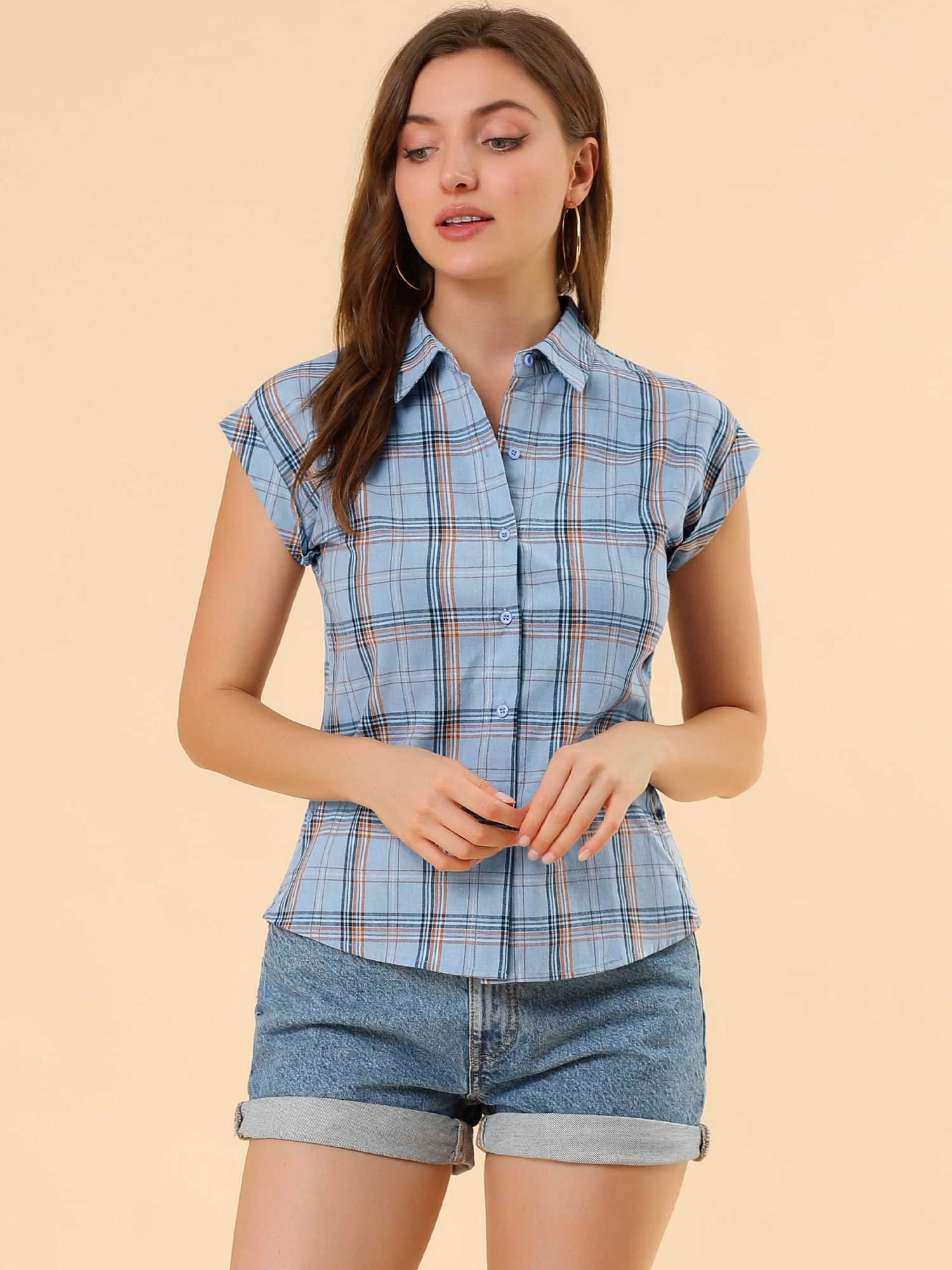 DARING DIVA Women's Summer Plaid Short Sleeves Button Down Shirts 3XL Blue