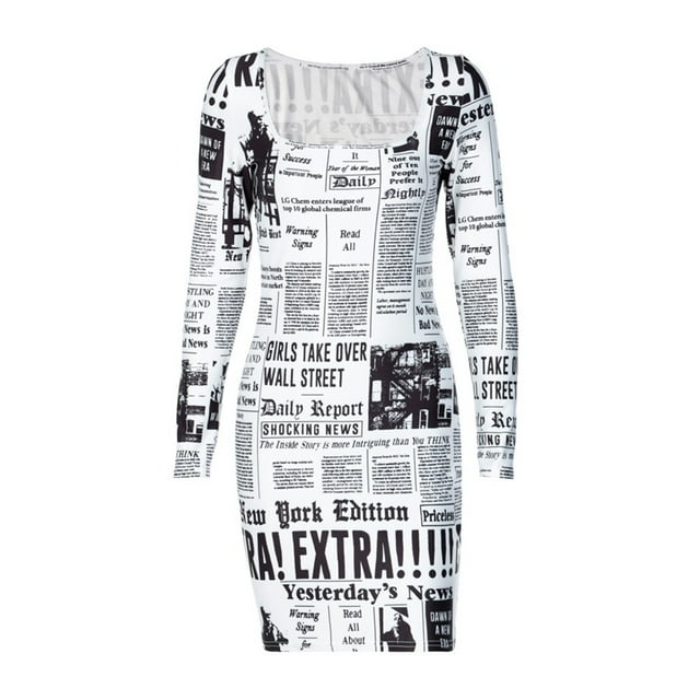 Robe d'Été à Manches Longues pour Femmes Motif Journal Personnalité Taille Mi-Haute Robe Courte Moulante