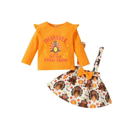 

BeQeuewll Infant Toddler Girls Thanksgiving Skirt Set Long Sleeve T-Shirt Tops and Suspender Skirt