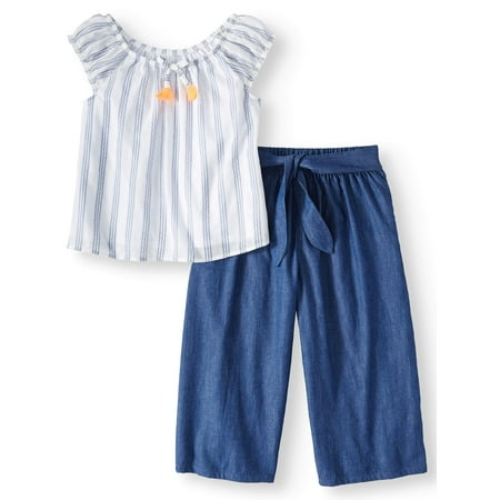 Tassel Front Ruffle Top and Gaucho Pant, 2-Piece Outfit Set (Little Girls, Big Girls & Big Girls