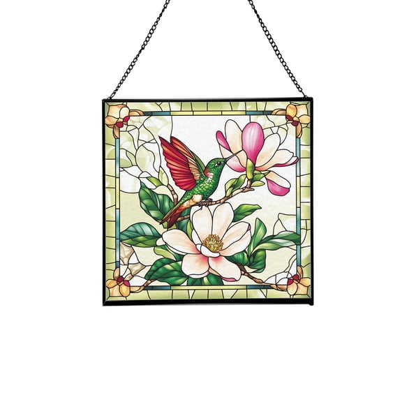 Magnolia and Hummingbirds Stained Glass Panels Window Hangings Tiffany Glass Traditional Art Crafts for Home Decor Gifts Square design, 8in 72OR4