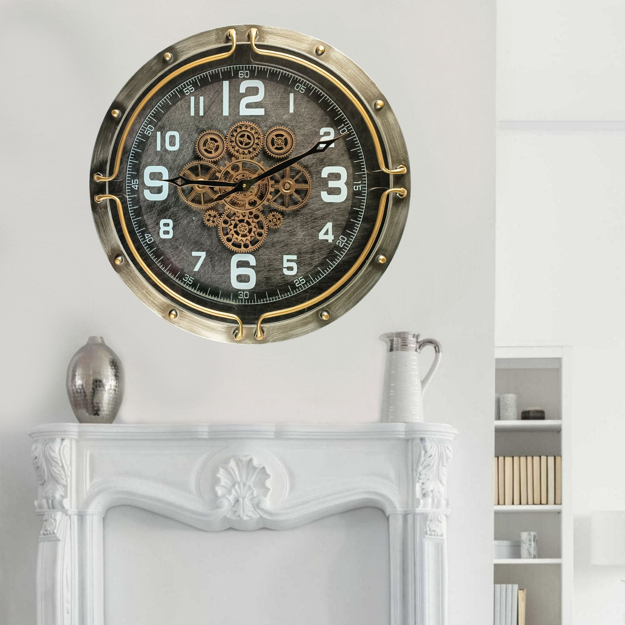 THE GEARS CLOCK Wall Clock with Real Moving Gears LU-LI_ 24 in Round SILVER-GREY
