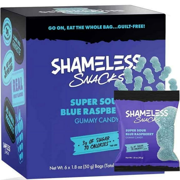 Shameless Snacks - Gummies Sour Blue Raspberry, 1.8oz | Pack of 6