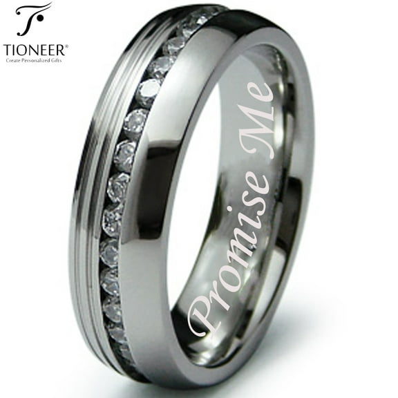Tioneer Stainless Steel 316L Eternity Cubic Zirconia Wedding Band Promise Ring Comfort Fit 6.5MM Promise Me Engraved
