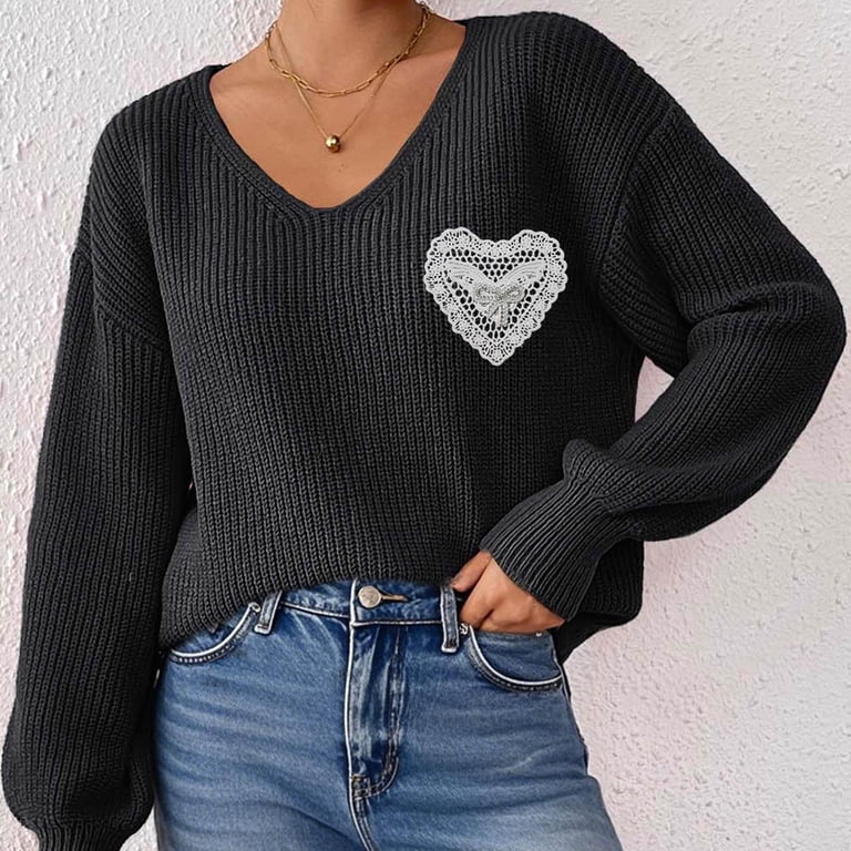 TFEOQRY Women's Lace Heart Patch Sweater V Neck Lantern Sleeve