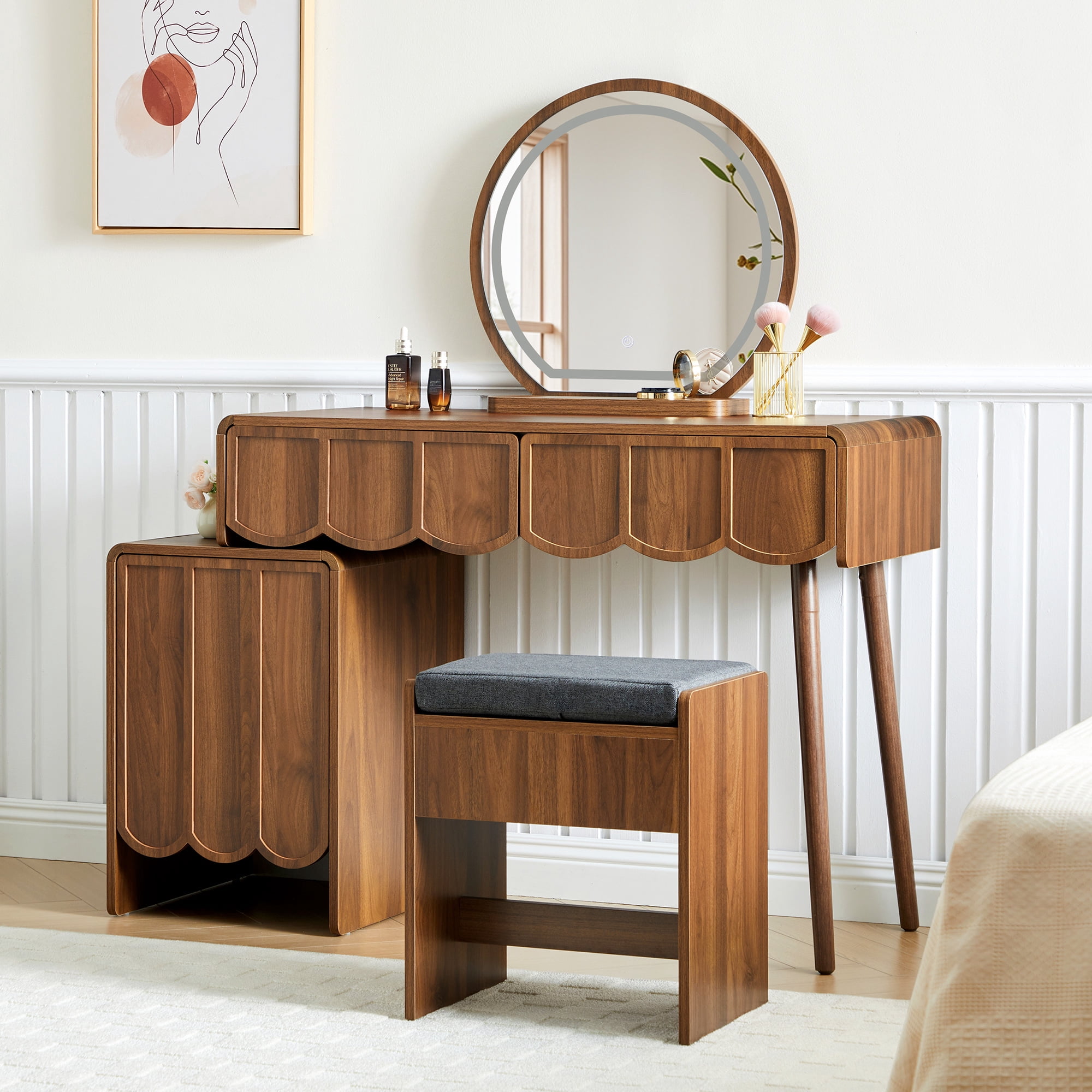 Wirrytor Makeup Vanity Set with Mirrors and Light, Vanity Set with Cushion Chair, for Adult, Stools for Vanity Table, with 2 Drawers and 1 Storage Cabinet, Wave Panel ,Walnut