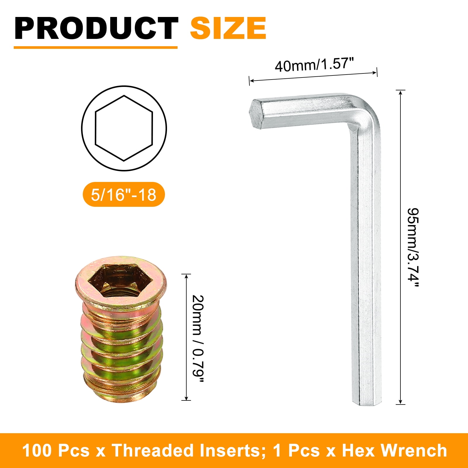 100 Pcs Threaded Insert for Wood, 5/16 - 18 Threaded Studs 20mm Length, Gold