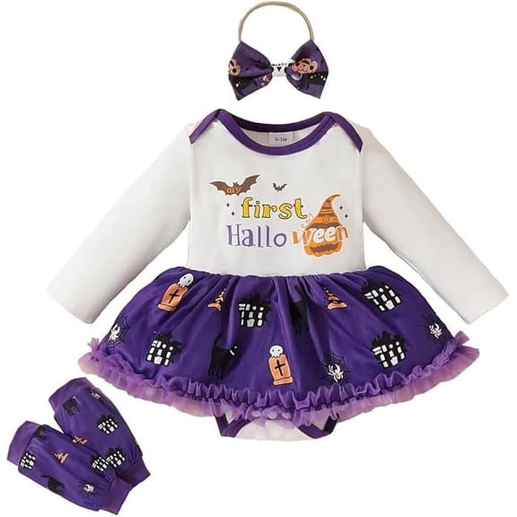 stylesilove Baby Girls My 1st Halloween White Spooky Long Sleeve Romper Dress with Purple Leg Warmers, and Bow Headband 4pcs Outfit (9 Months)