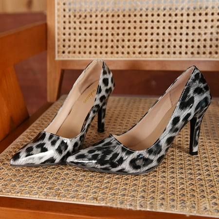 

Women High Heel Stilettos Pointed Closed Toe Pumps Patent Leather Leopard Slip On Dress Shoes Sexy Party Work