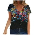 thumbnail image 2 of ICHUANYI Clearance Fashion Women's Casual Short Sleeve Printed V-Neck Blouse T-Shirt Ladies Tops(Black, S) Ichuanyi Ichuanyi, 2 of 5