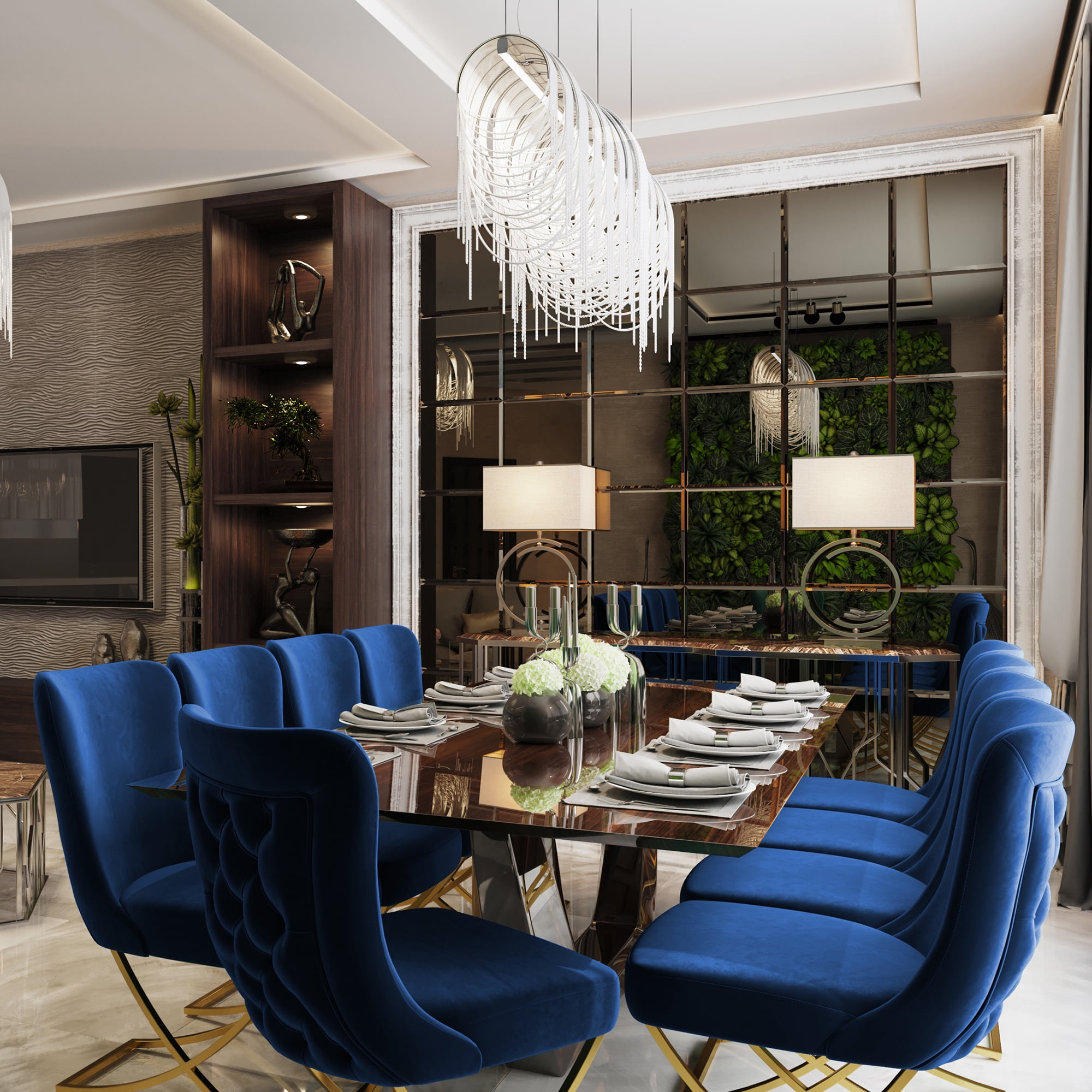 Ottomanson Imperial Upholstered Modern Gold Legged Dining Chair, Set of 2, Blue