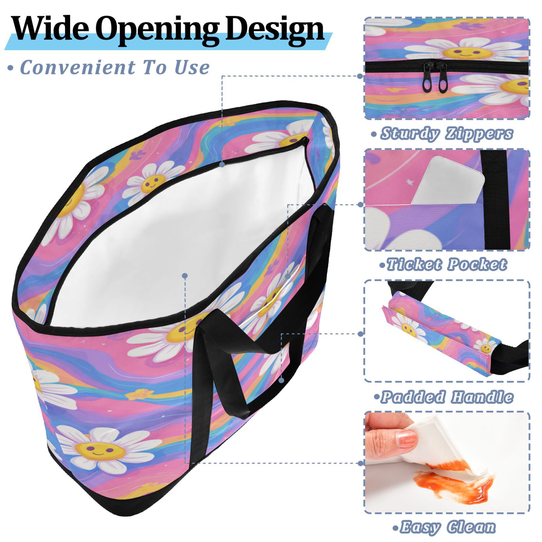 Extra-Large Wide Opening Design Capacity Hand-Held Ice Pack Thickened Insulation Layer For Long-Lasting Cold Retention For Outdoor Shopping Picnics And Camping Adorable Daisies