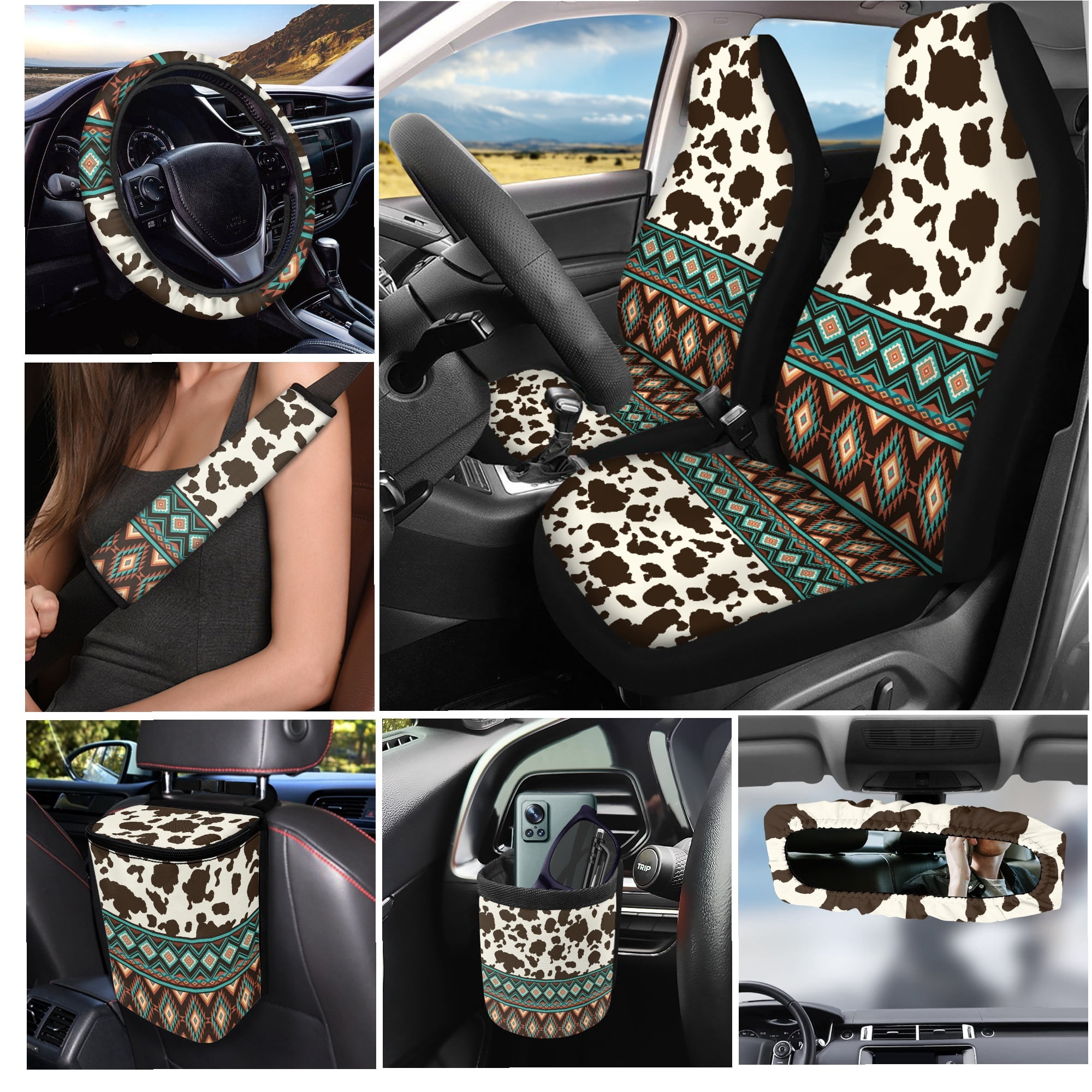 Yuyamidu Southwest Aztec Car Seat Cover Set 15 PCS Brown Cow Print Auto Steering Wheel Cover Seat Belt Strap Pads Cup Coasters Trash Bag Air Vent Storage Bag Rearview Mirror Cover Keychain