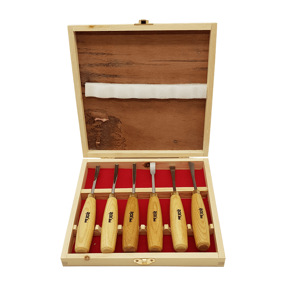 Rox Wood  Woodworking Wood Carving Tools Set with Brass Rings, CRV60 Blades in a Wooden Storage Case - 6 Piece