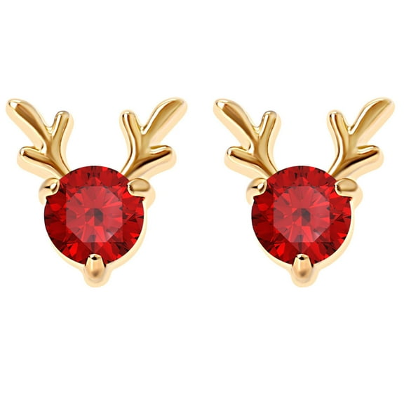 Rudolph Reindeer Earrings for Women Gold Plated Stainless Steel Stud Red CZ by Ginger Lyne