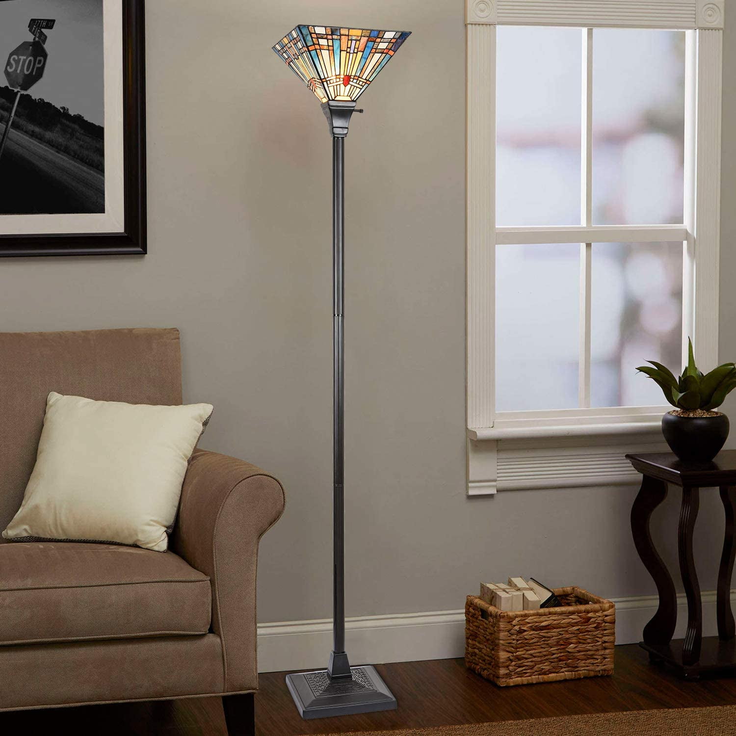Tiffany Torchiere Floor Lamp,Stained Glass Lamp Shade,Vintage Antique Mission Tiffany Style Standing Light for Living Room and Bedroom