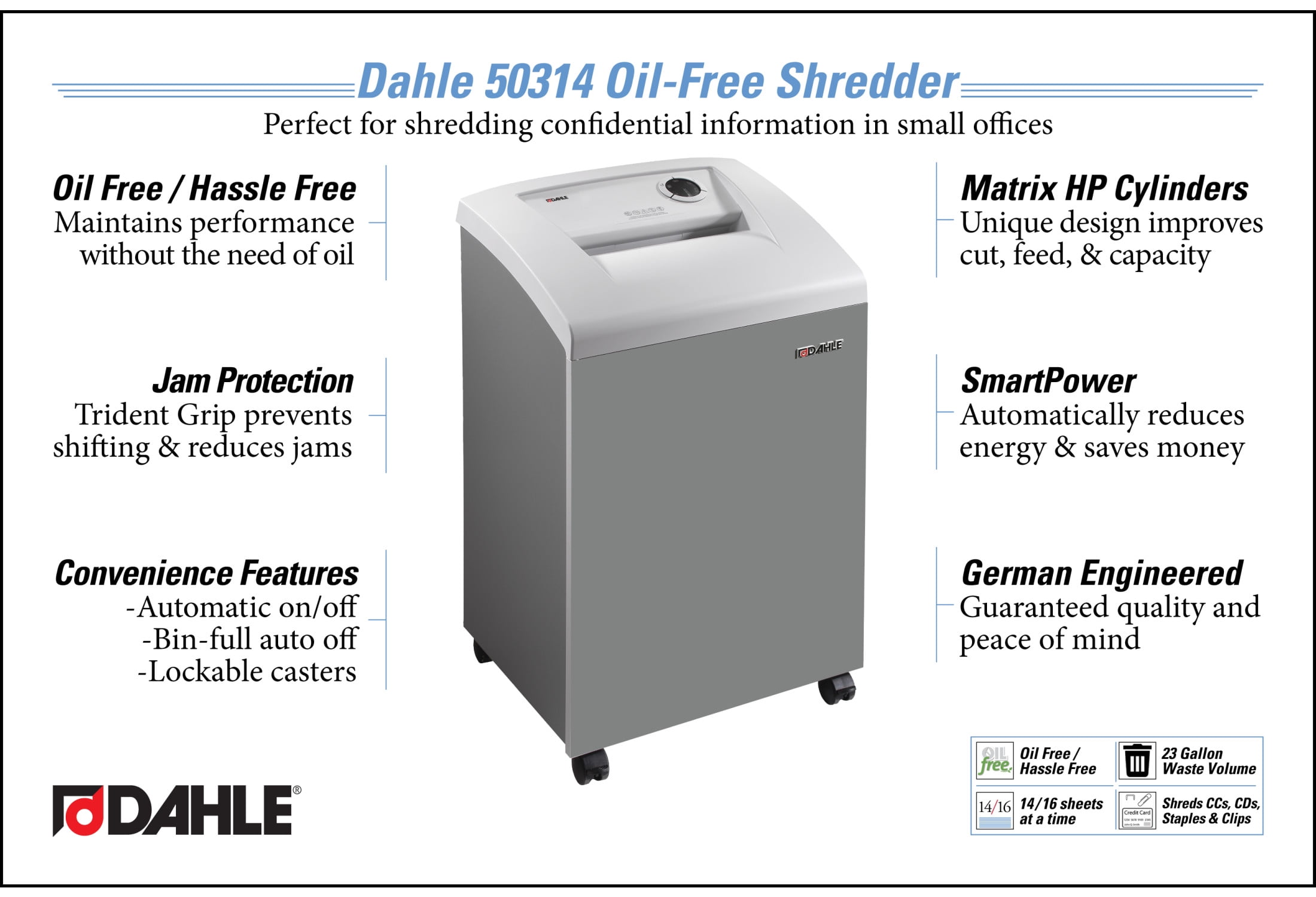 Dahle 50314 Oil-Free Paper Shredder w/Jam Protection, German Engineered, 16 Sheet Max, Level P-4 | O-3