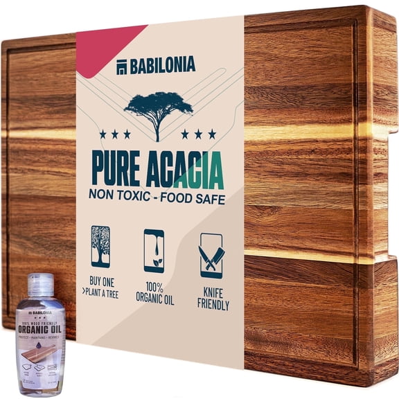 Babilonia Acacia Wood Cutting Board, 19.7 x 12.2 x 1.6 inch Wooden Chopping Board with Juice Groove and Handle (Oil & Plate Included)