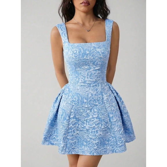 Petite Womens Sleeveless Blue Floral Embossed Fit & Flare Mini Dress, Square Neckline